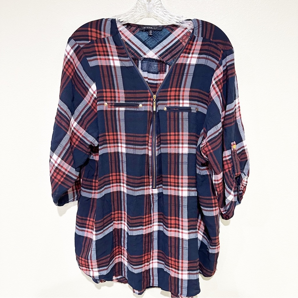 Miss Lili Plaid Tab Sleeve Plus Size Blouse Size 2X Pullover Zipper Acce…